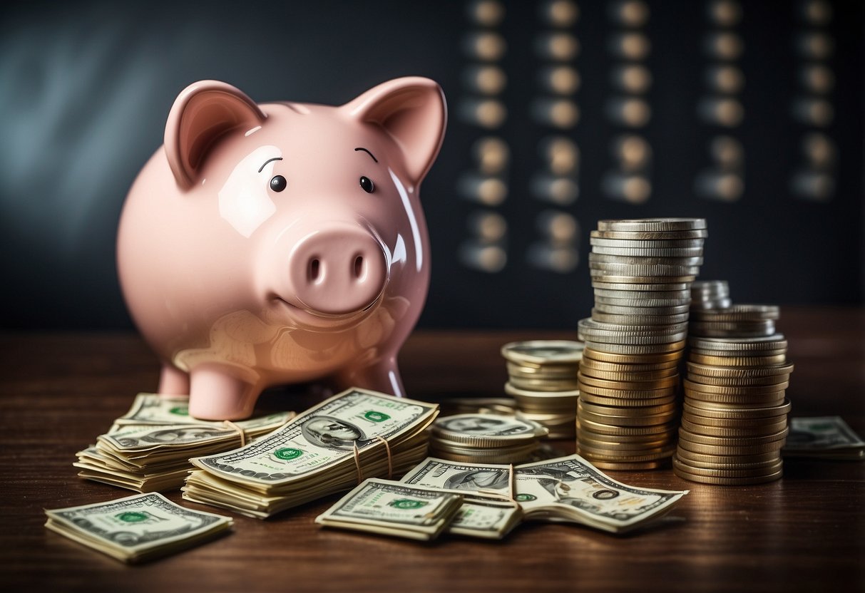 How To Save $10,000 In 6 Months: A piggy bank overflowing with cash, surrounded by stacks of coins and dollar bills. A calendar on the wall with six months marked off, showing progress towards the goal of saving $10,000