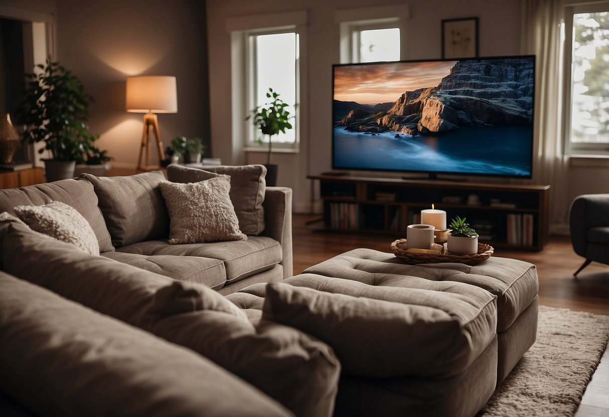 A large, comfortable sofa set in a cozy living room, with a big screen TV and a stack of movies nearby, ready for a movie marathon