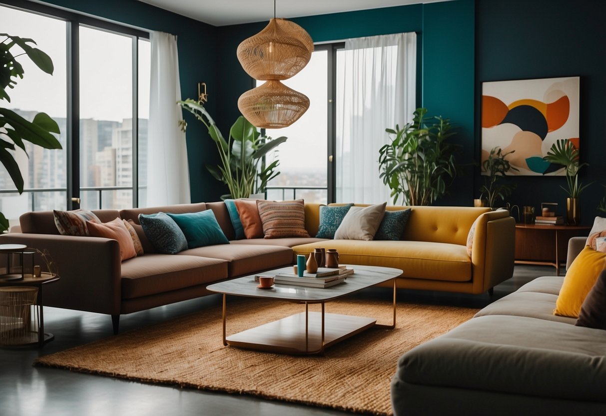 A cozy living room with stylish sofas, vibrant colors, and modern designs in the best furniture stores in São Paulo