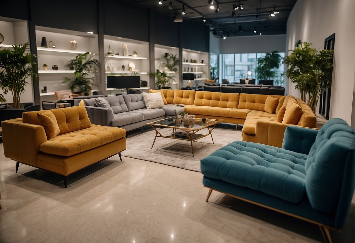 A bustling showroom in São Paulo, showcasing a variety of high-quality sofas with modern designs and competitive prices