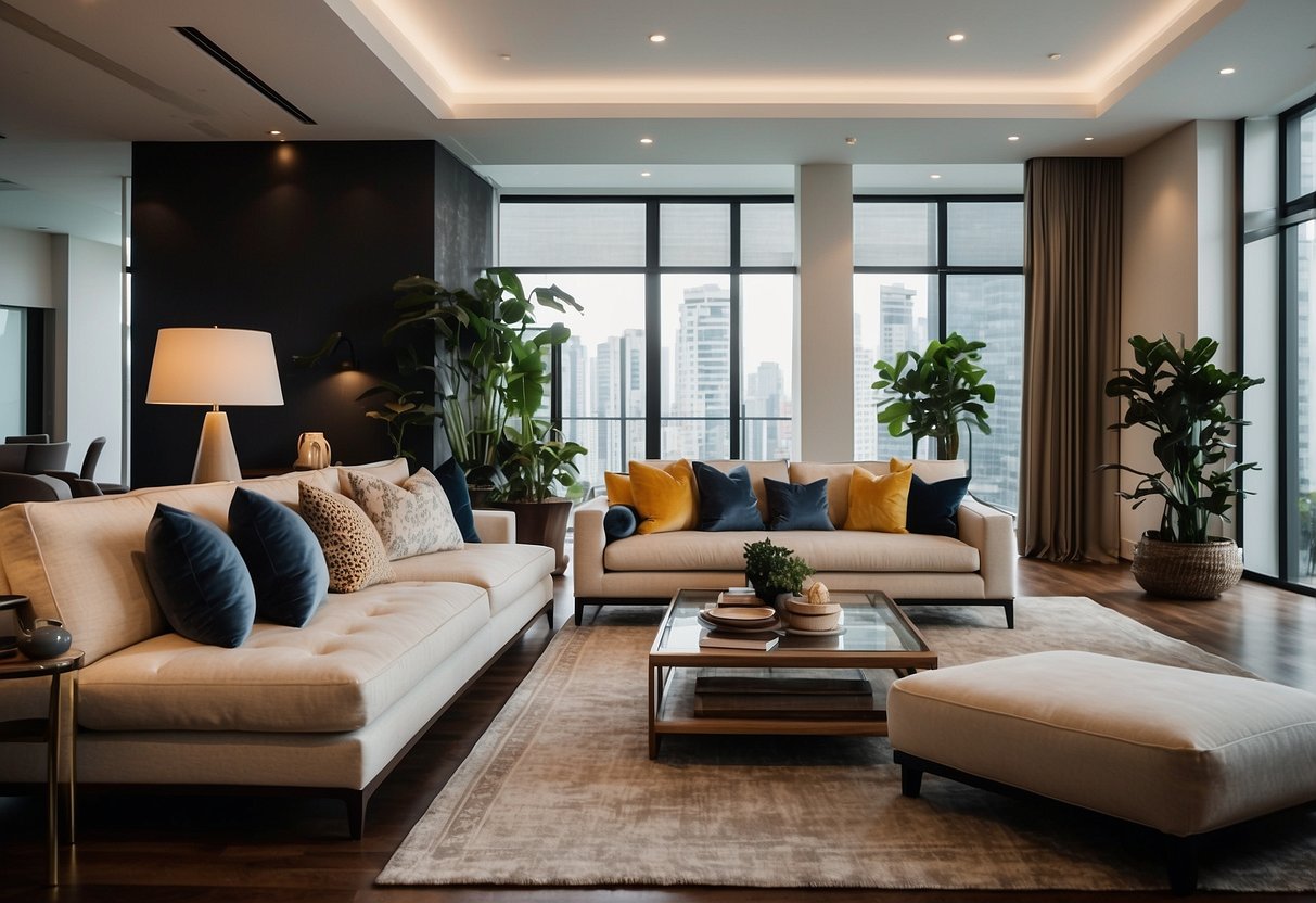 A cozy living room with various stylish sofas displayed in a spacious showroom in São Paulo, Brazil. Bright lighting and modern decor create an inviting atmosphere for potential buyers