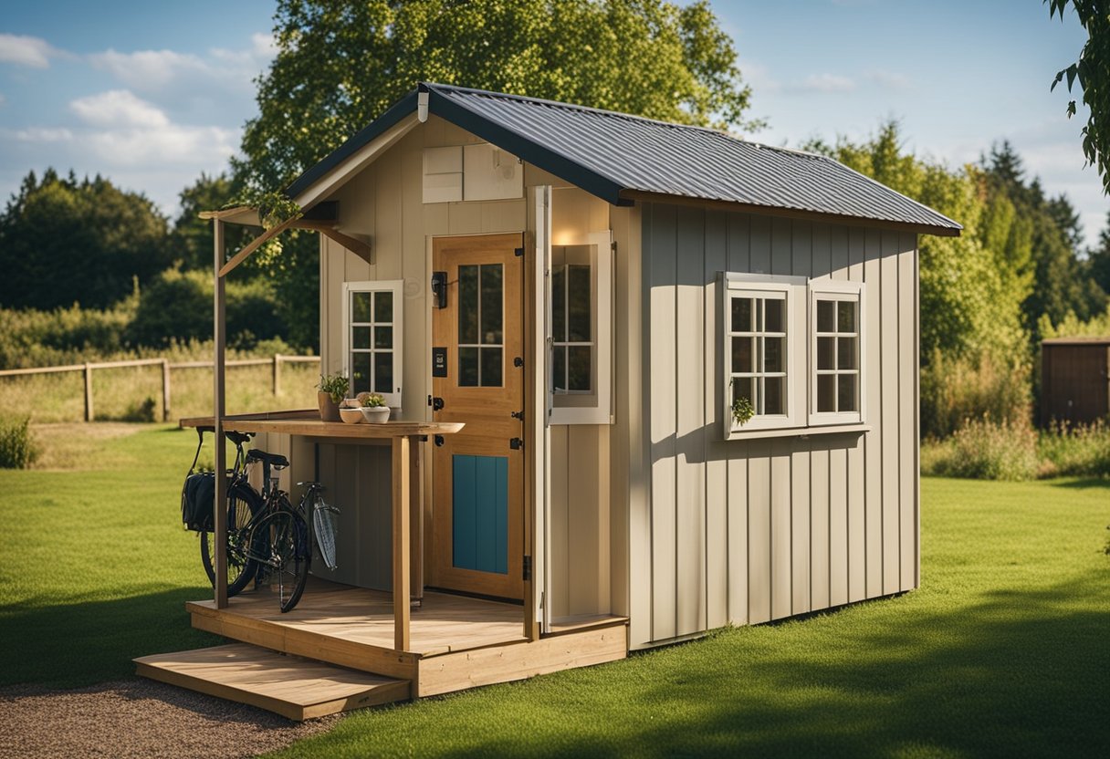 A shed with windows, a door, and a small porch. Inside, a lofted bed, kitchenette, and compact living area with storage how to convert a shed to a tiny home