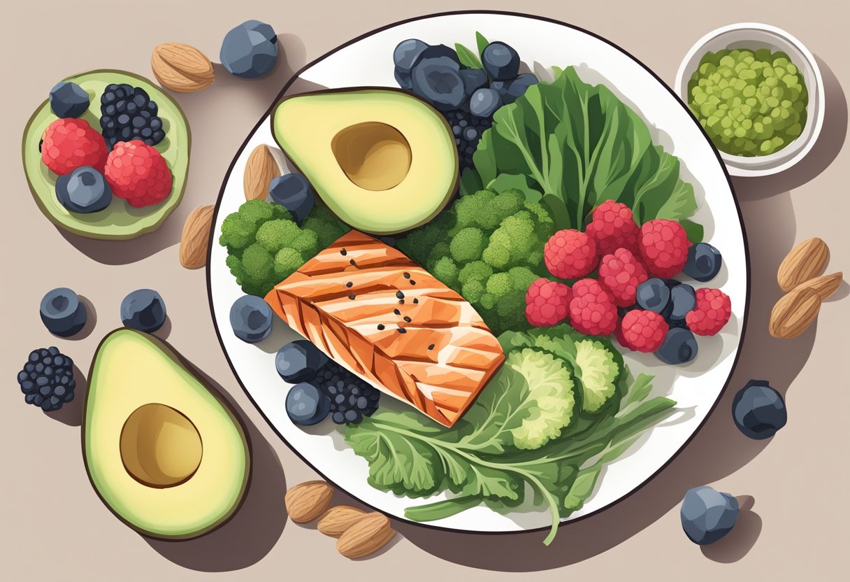 A table with keto-friendly foods: avocados, leafy greens, nuts, and seeds. A bowl of berries and a plate of grilled salmon. Fiber-rich vegetables like broccoli and cauliflower