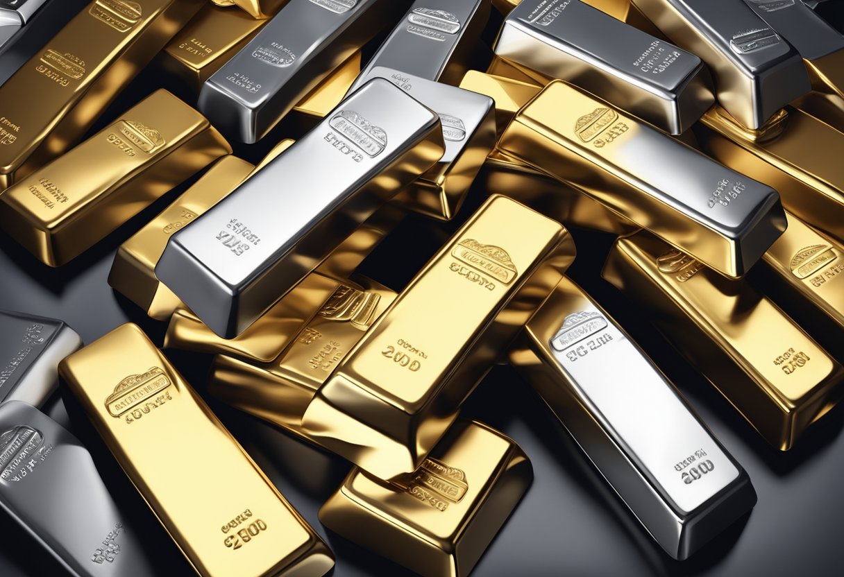 A stack of gold and silver bars arranged on a dark velvet background, with a spotlight shining down to highlight their lustrous surfaces