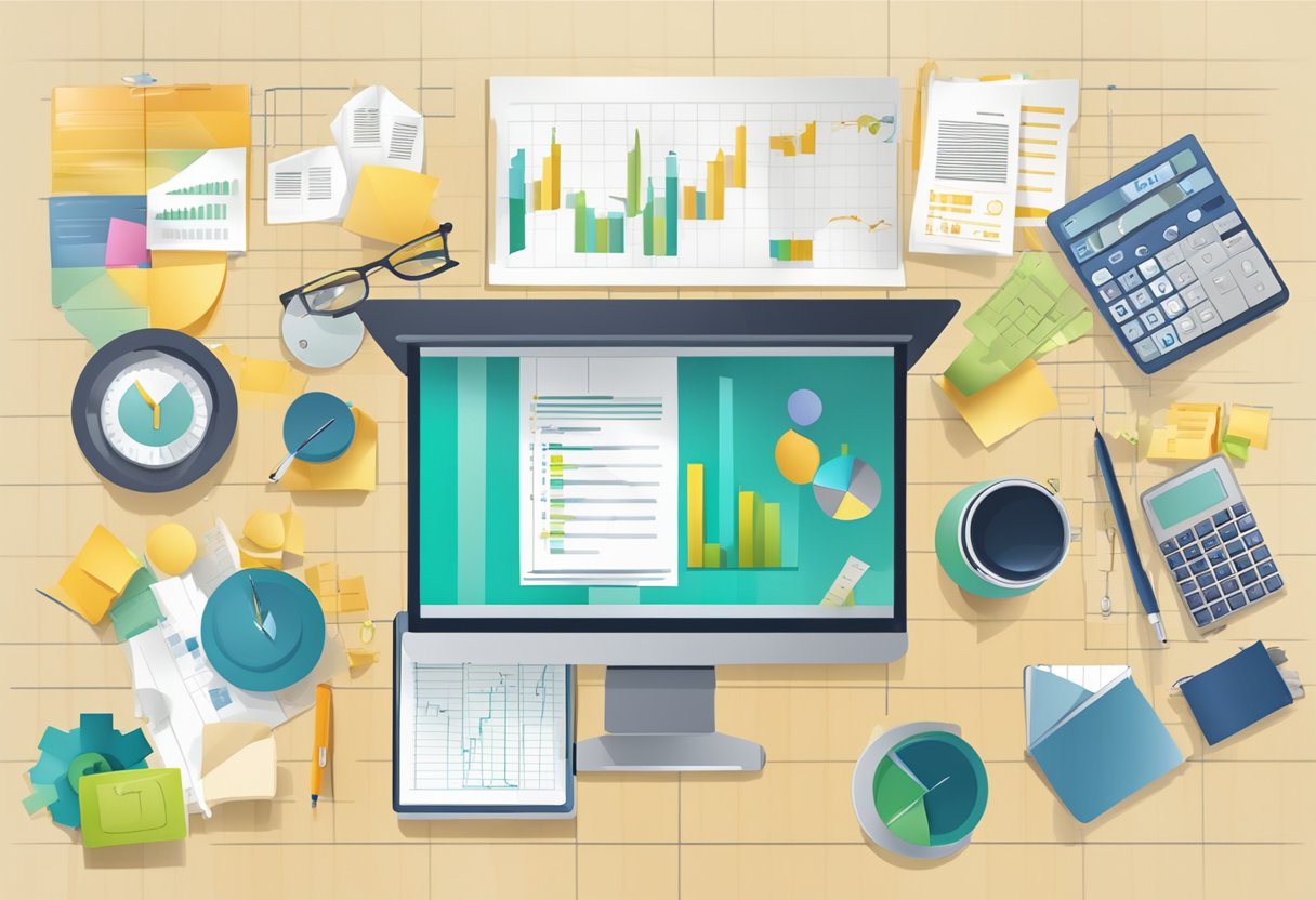 A table with budget planning tools, surrounded by cost-cutting symbols and graphs