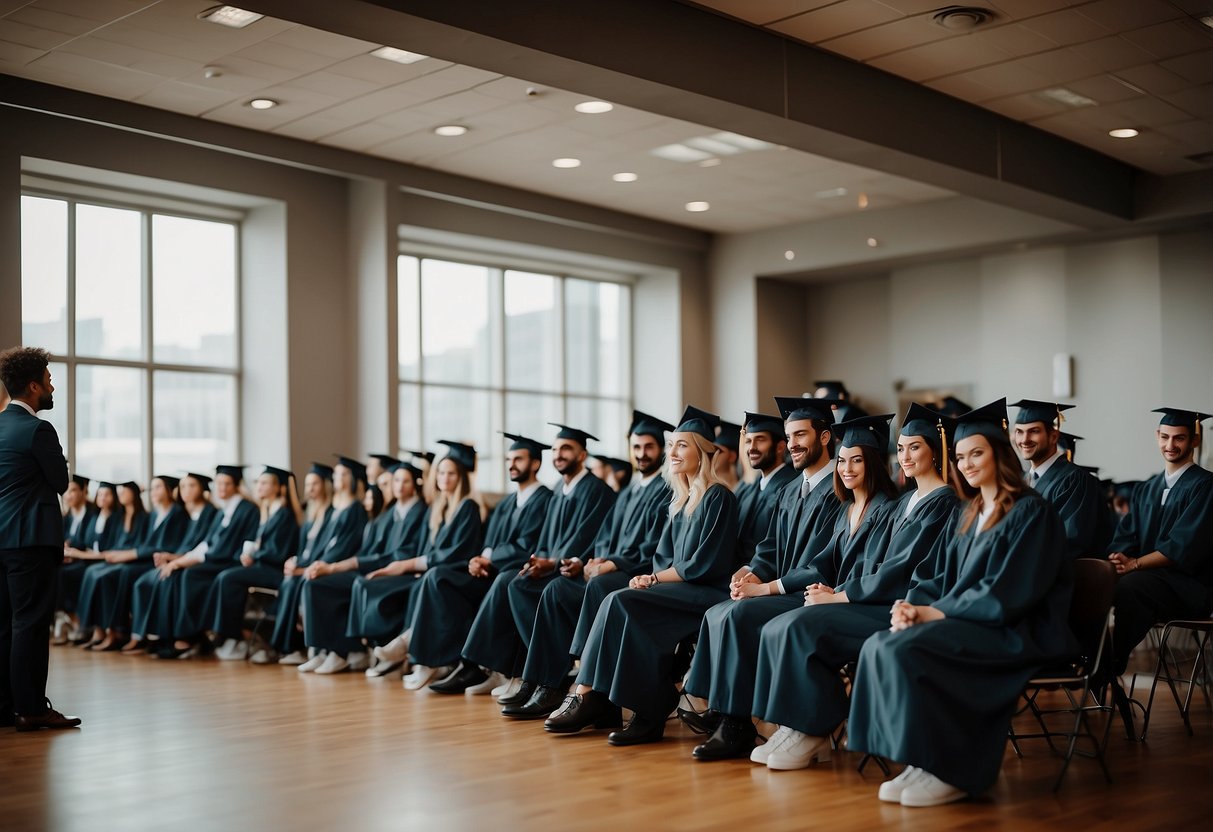 New graduates being recruited by a company, with a line of candidates waiting to be interviewed by a panel of professionals