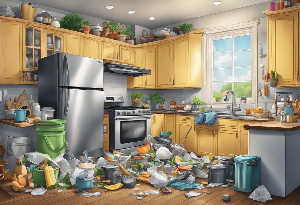 A cluttered kitchen with overflowing trash, leaky faucet, and high energy-consuming appliances