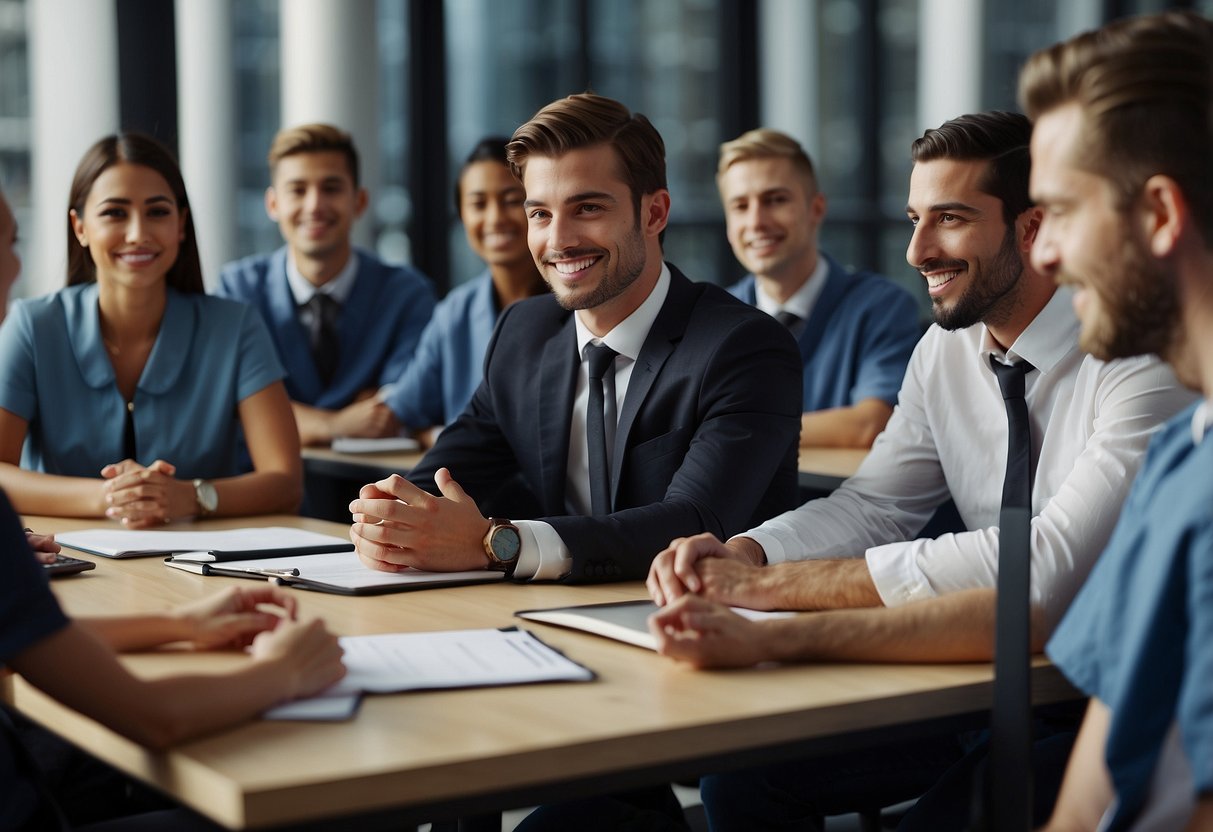 A group of new graduates engaging in a recruitment process, discussing and presenting their qualifications and skills to potential employers