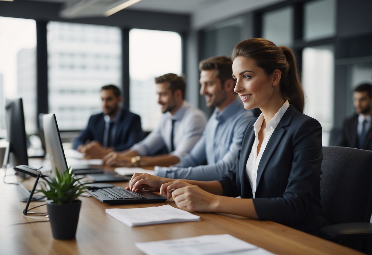 Assessment of candidates, recruiting new graduates. An office setting with a desk, computer, and files. Professional atmosphere with a sense of evaluation and selection