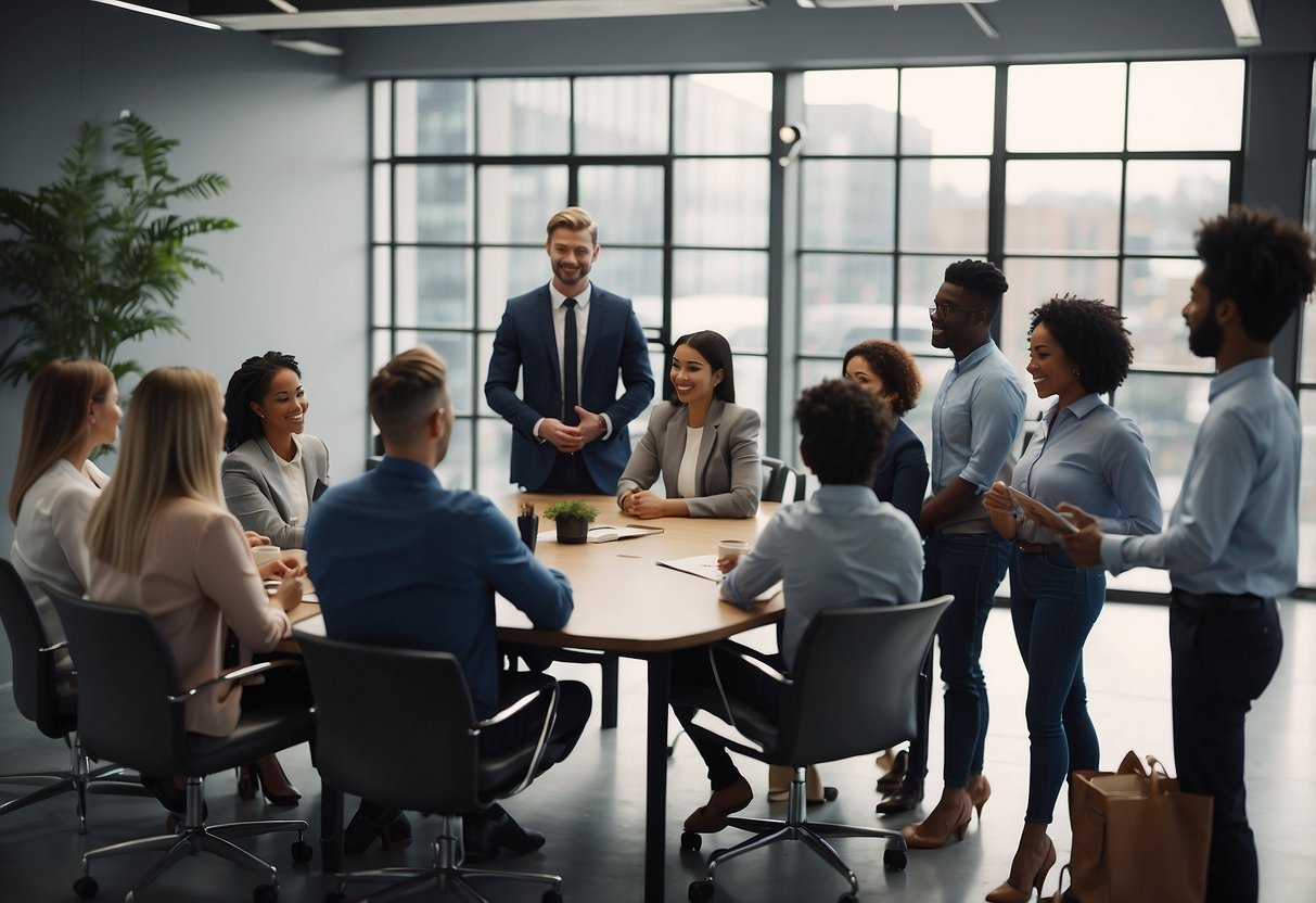 A group of new employees being welcomed and integrated into the work environment. Mentors guiding and training them. Recruitment process for recent graduates