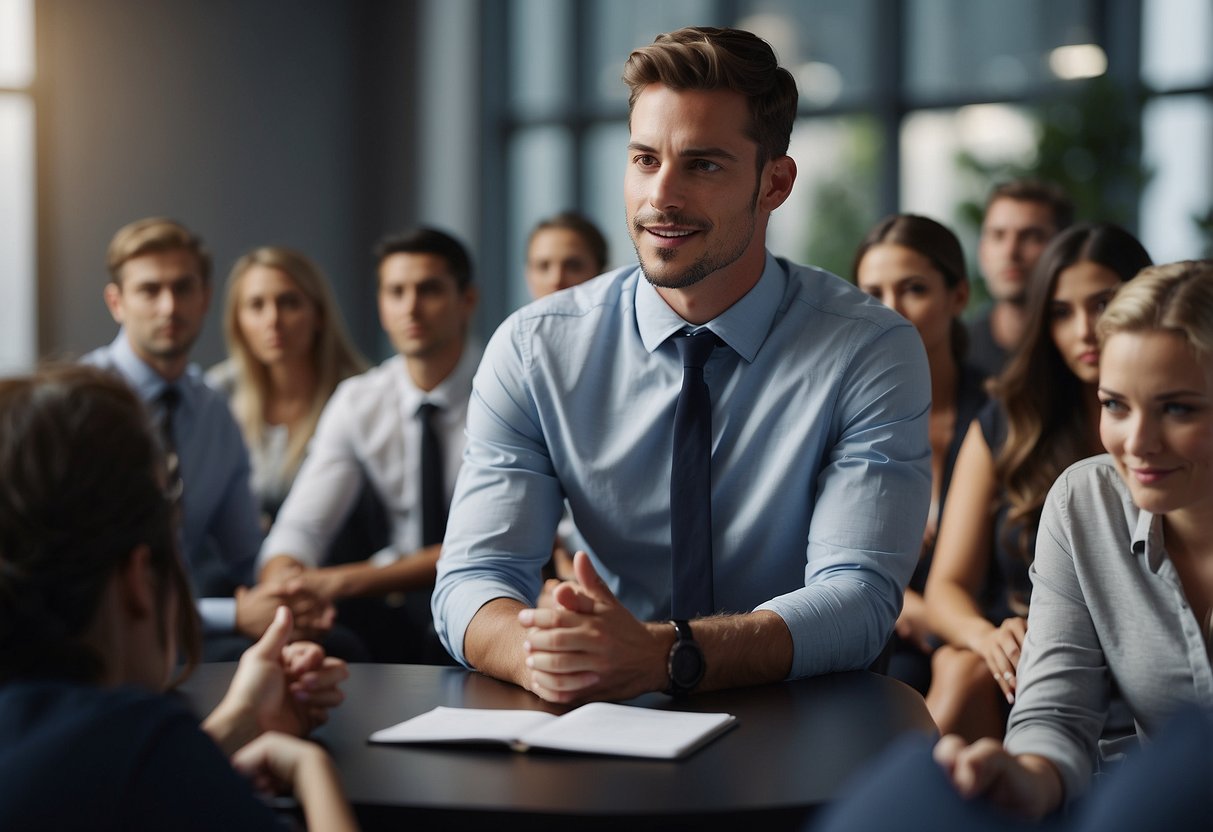 A group of graduates gathered around a recruiter, asking questions and listening attentively. The recruiter is holding a presentation, while the graduates take notes and engage in conversation