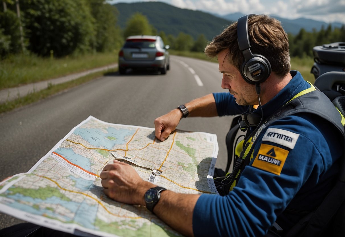 A rally car co-driver studies a map, marking routes and hazards, while communicating with the driver through a headset