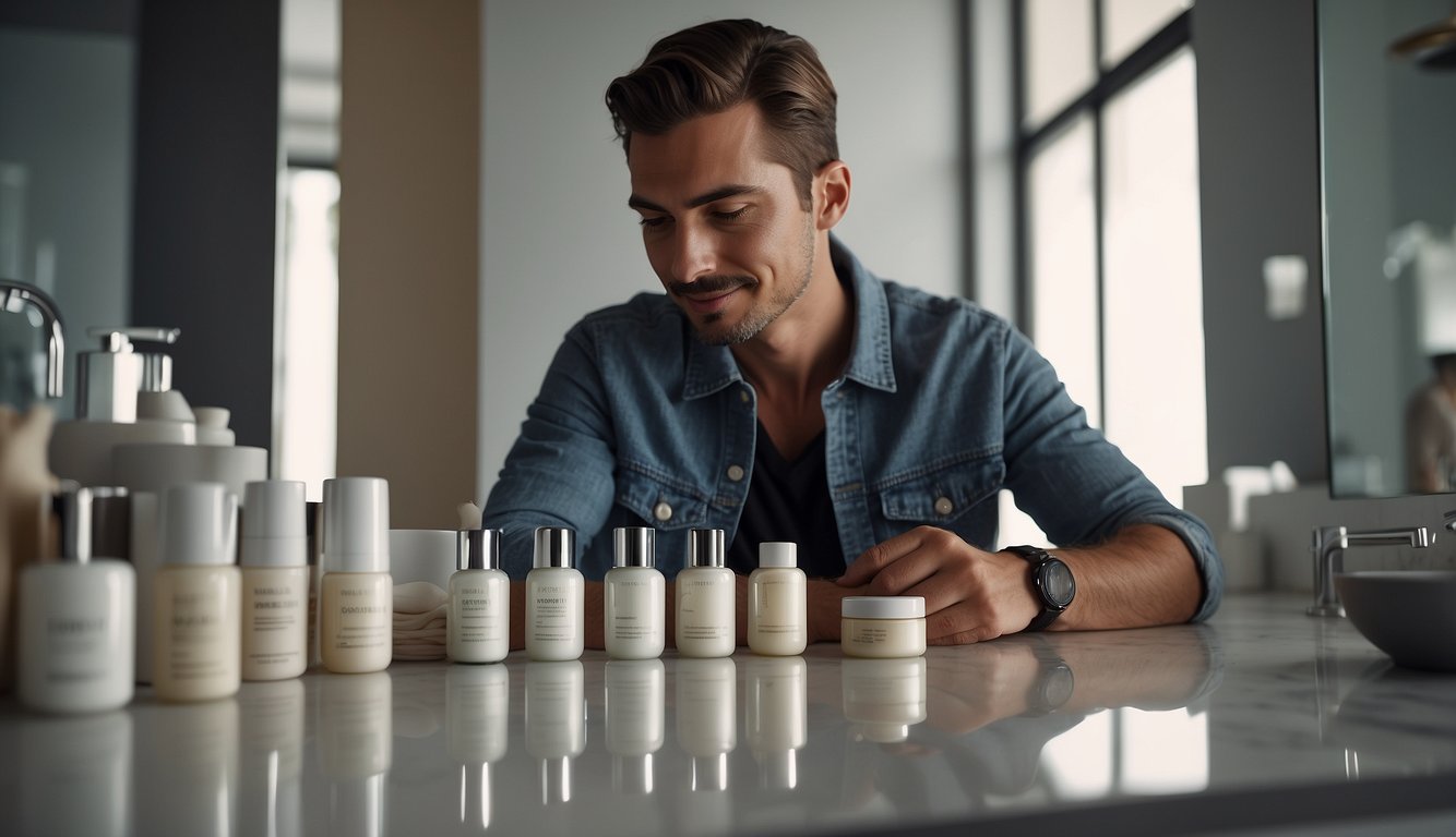 A man choosing the right face cream from a selection of products on a bathroom counter