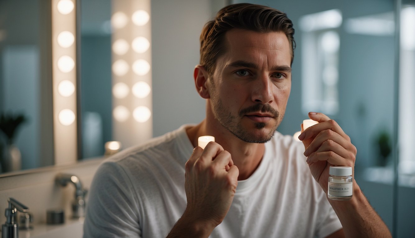 A man applying daily facial moisturizer in a well-lit bathroom with various skincare products on the counter