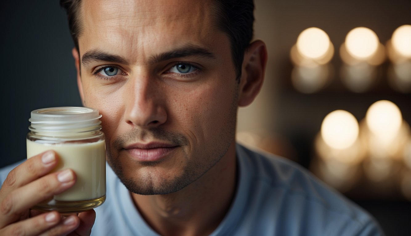 A man's face with a jar of ansiktskrem menn and treatment products