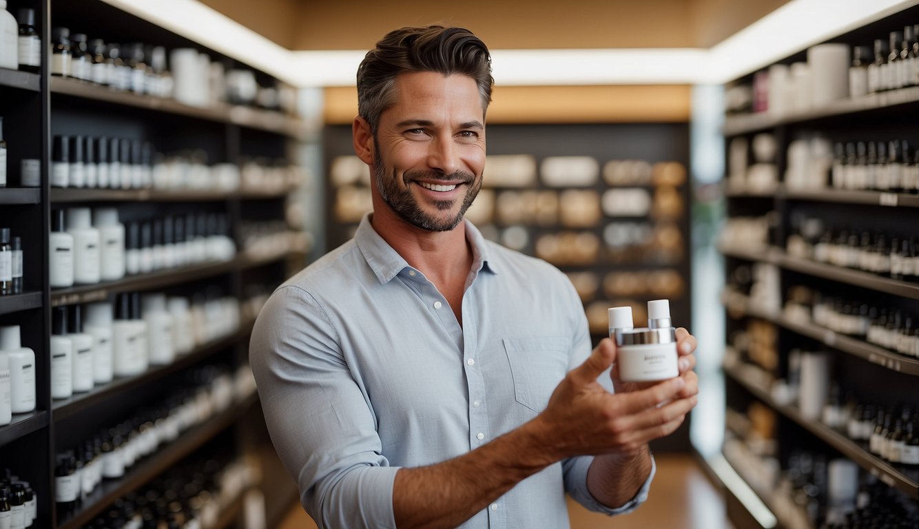 A man browsing shelves of skincare products, holding a bottle of men's face cream, with various other products in the background