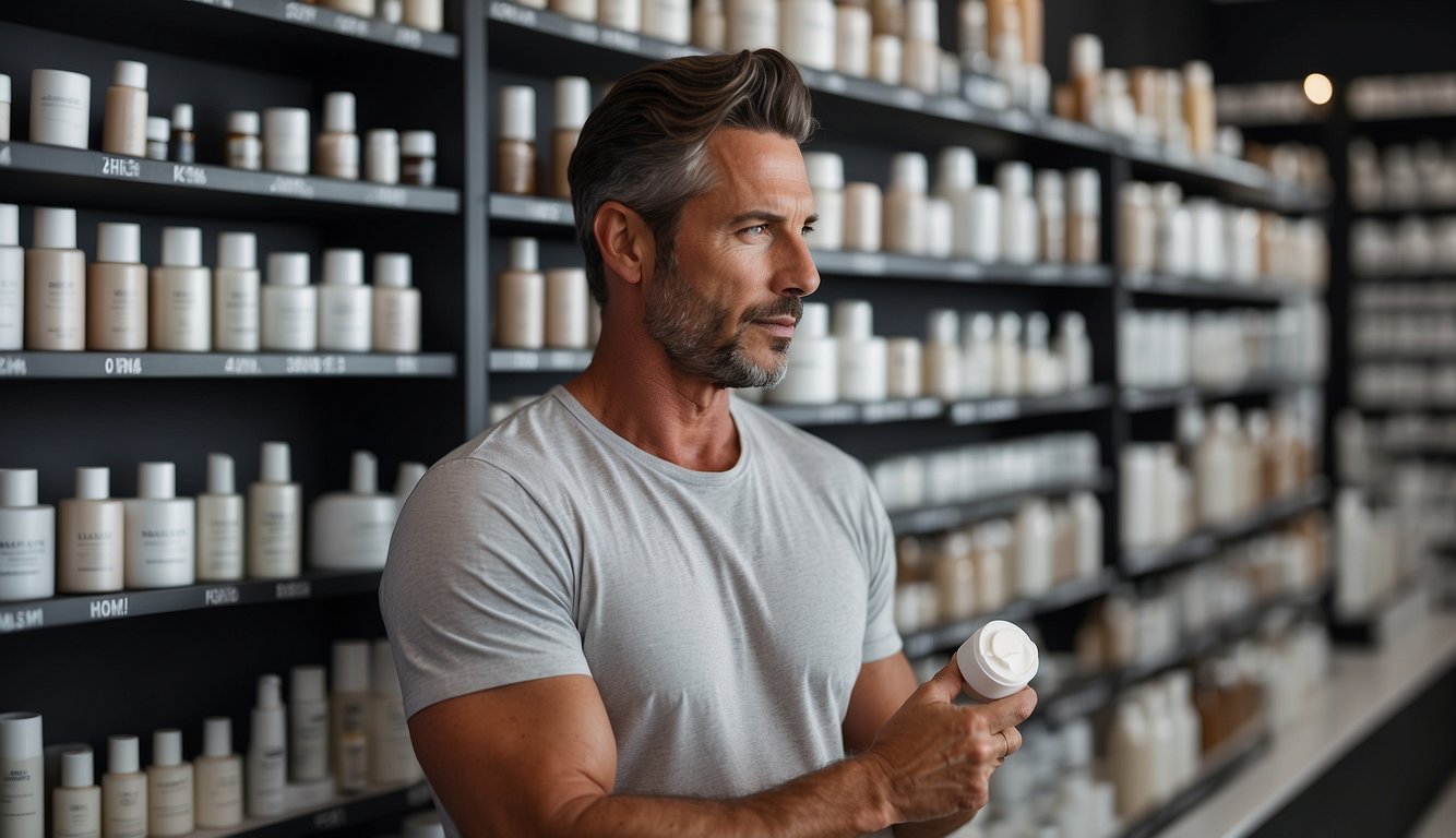 A man stands in front of a display of face creams, reading the labels and comparing products. The shelves are neatly organized with various skincare options for first-time buyers