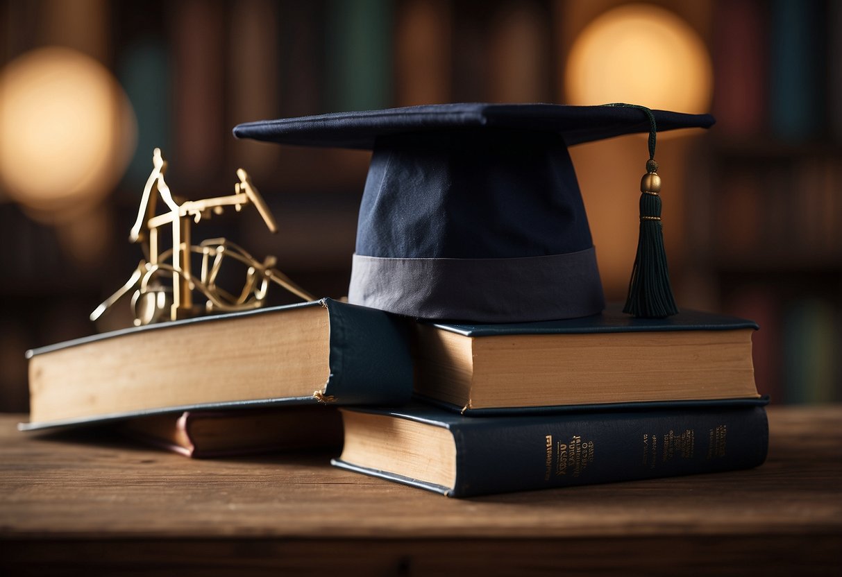 A stack of books, a computer, and a diploma symbolize investing in oneself. A person's silhouette in the background represents the potential for growth and development