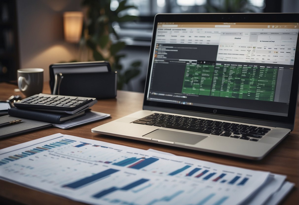 A desk with a laptop open to a spreadsheet of dividend stocks, surrounded by financial planning books and a calculator