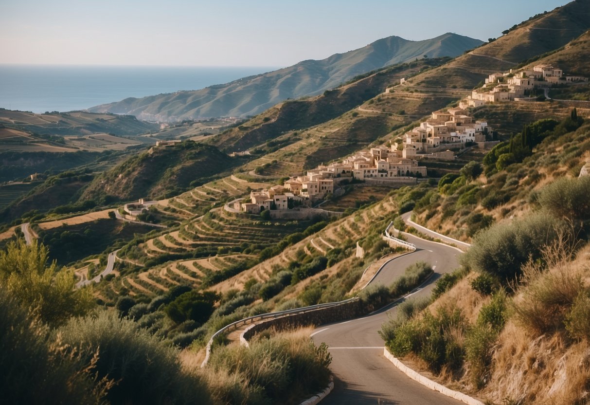 A winding road cuts through lush hillsides and leads to a picturesque coastal town in Sicily