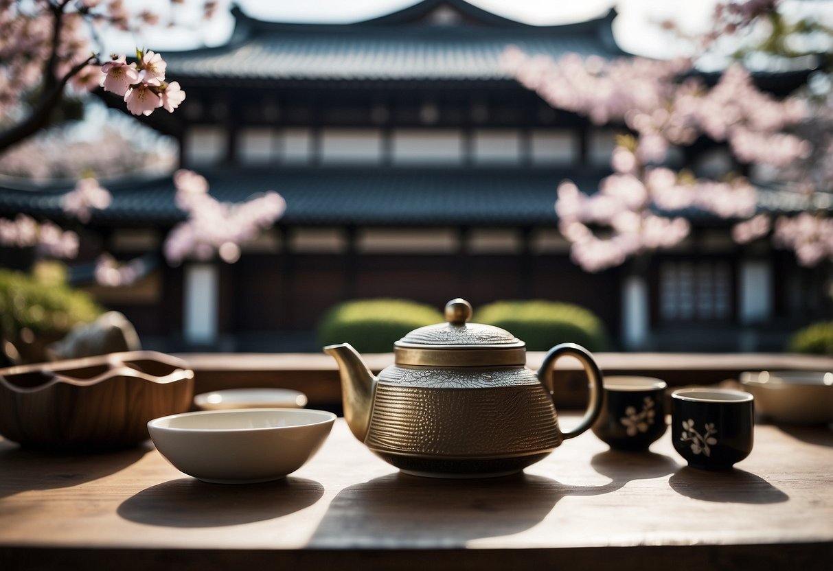 Japanese historical progression: traditional architecture, cherry blossoms, samurai armor, and tea ceremonies