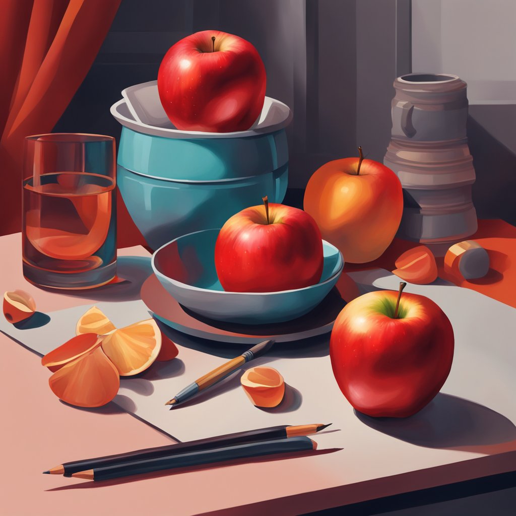 A vibrant red apple sits on a table, surrounded by various objects also in shades of red. The color exudes energy and passion, evoking feelings of warmth and intensity