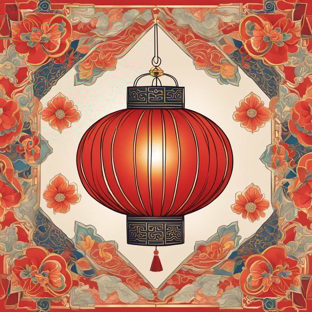 A vibrant red traditional Chinese lantern hangs against a backdrop of intricate patterns and symbols, symbolizing cultural significance and regional connotations of the color red