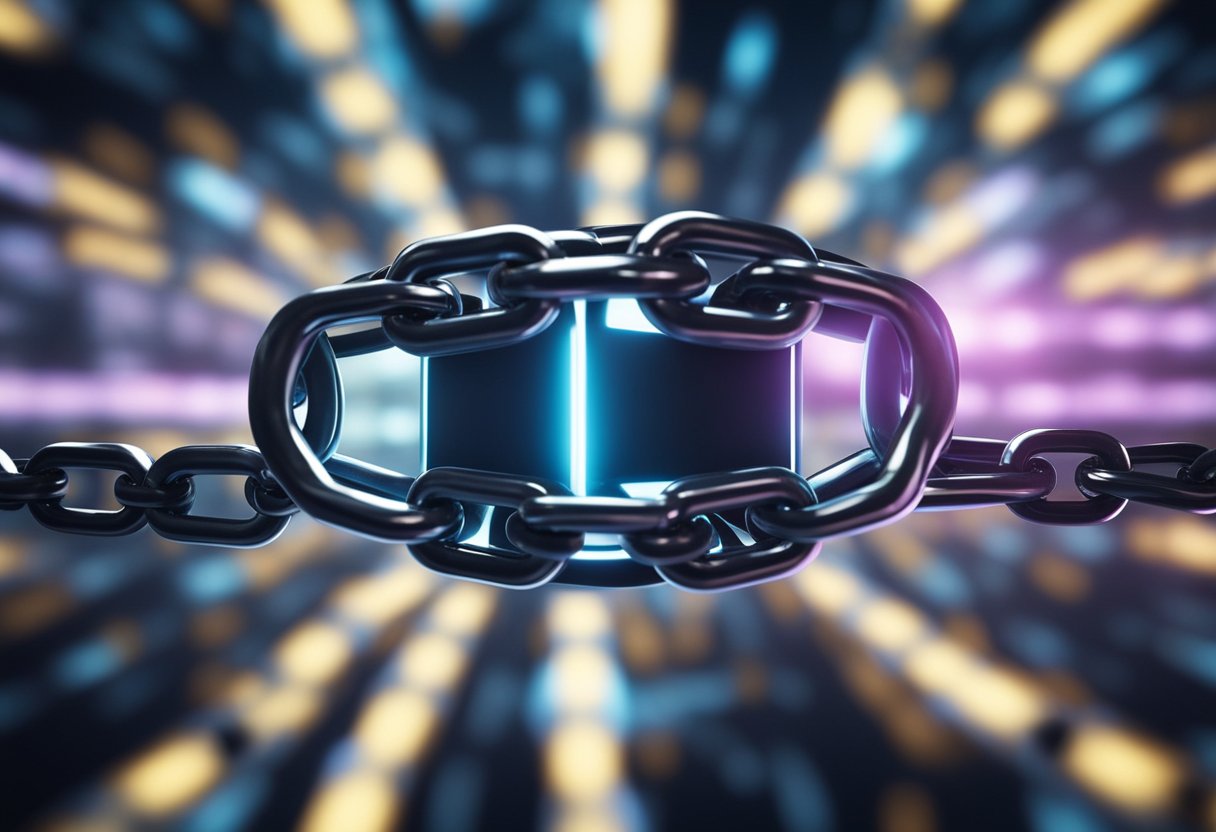 A digital chain with interconnected blocks, each containing encrypted data. Security locks and chains surround the blockchain, emphasizing immutability