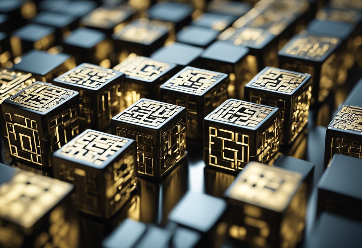 A chain of interconnected blocks with data inside, symbolizing blockchain technology. A traditional database is shown next to it, highlighting the comparison