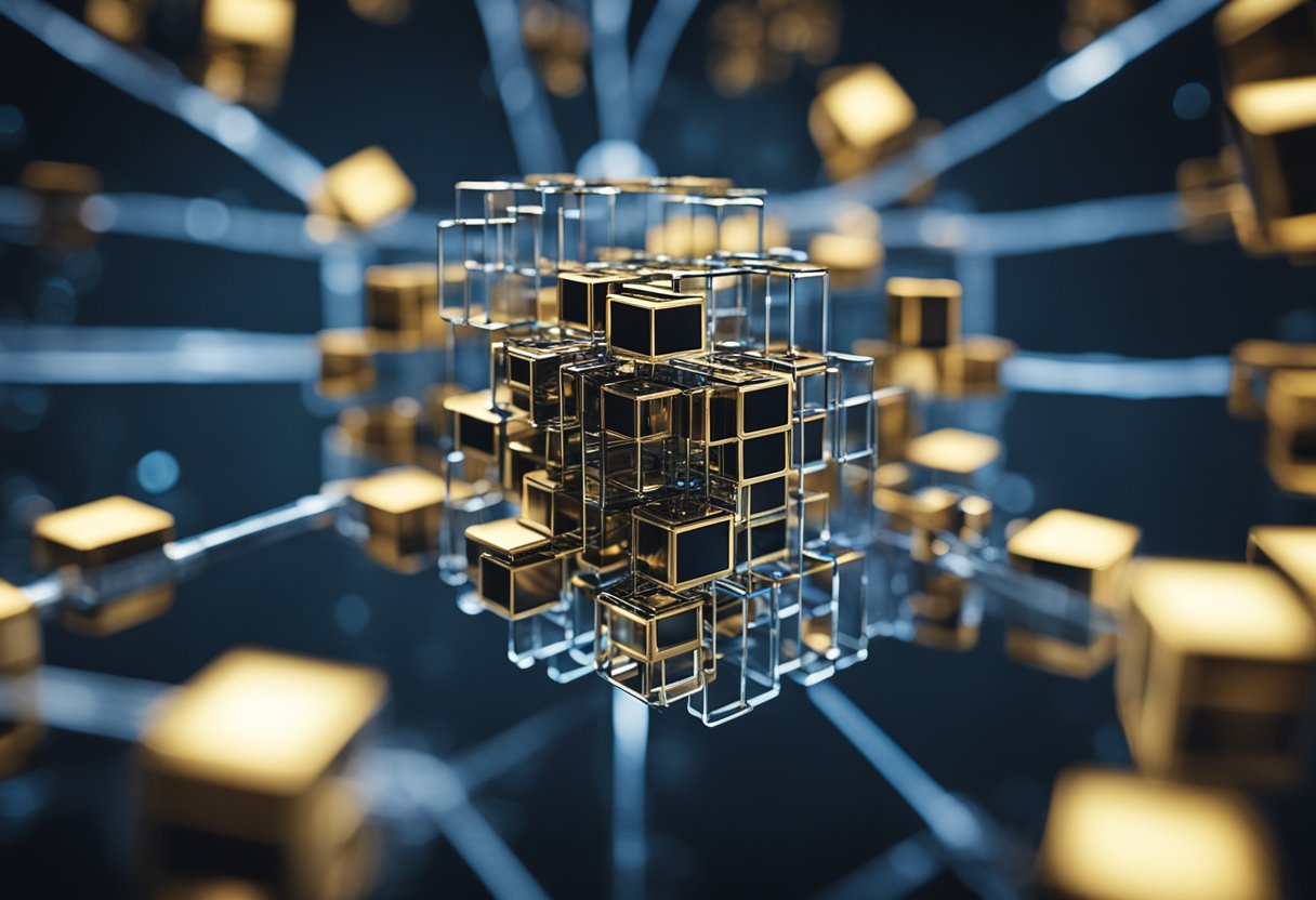 A network of interconnected blocks symbolizing the philosophy of blockchain, with each block representing a secure and transparent transaction, creating a decentralized and tamper-proof system