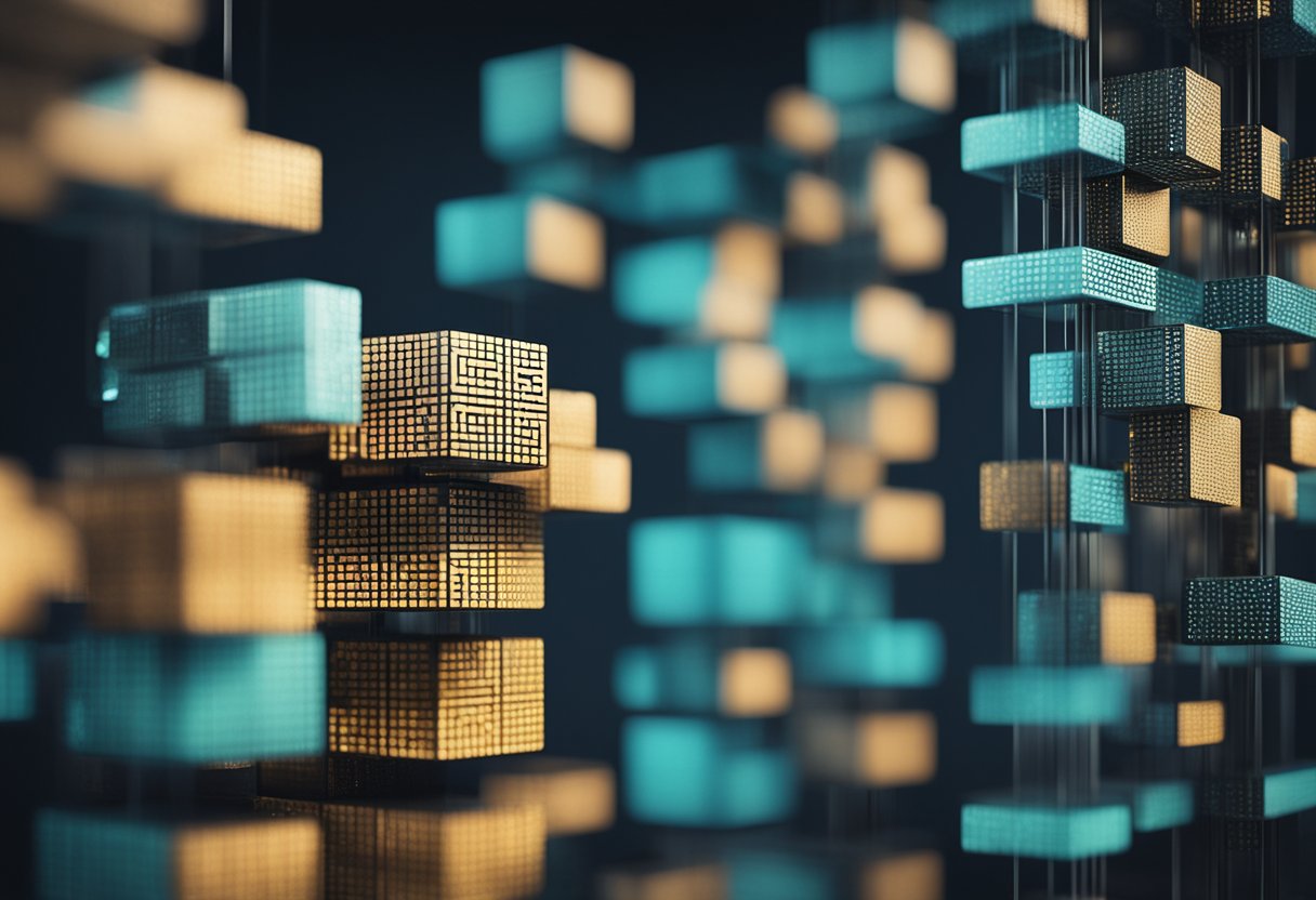 A stack of interconnected blocks with data flowing between them, representing the concept of blockchain technology