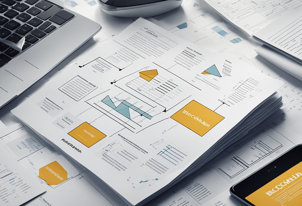 A stack of papers with a prominent cover labeled "Blockchain Whitepaper." Surrounding it are scattered notes, highlighted text, and various diagrams and charts related to blockchain technology