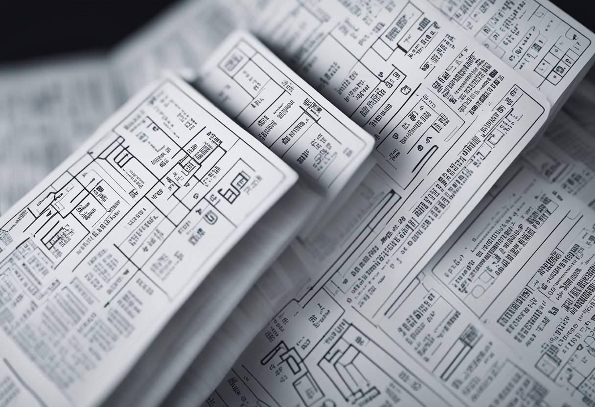 A stack of whitepapers with blockchain diagrams and technical language