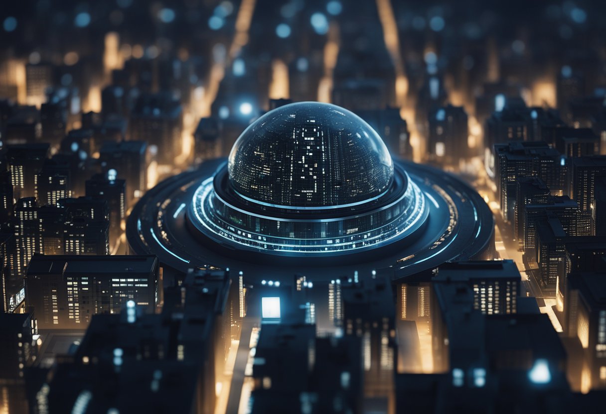 A dark, futuristic cityscape with hidden symbols and encrypted messages scattered throughout the scene, representing the clandestine nature of crypto-anarchism