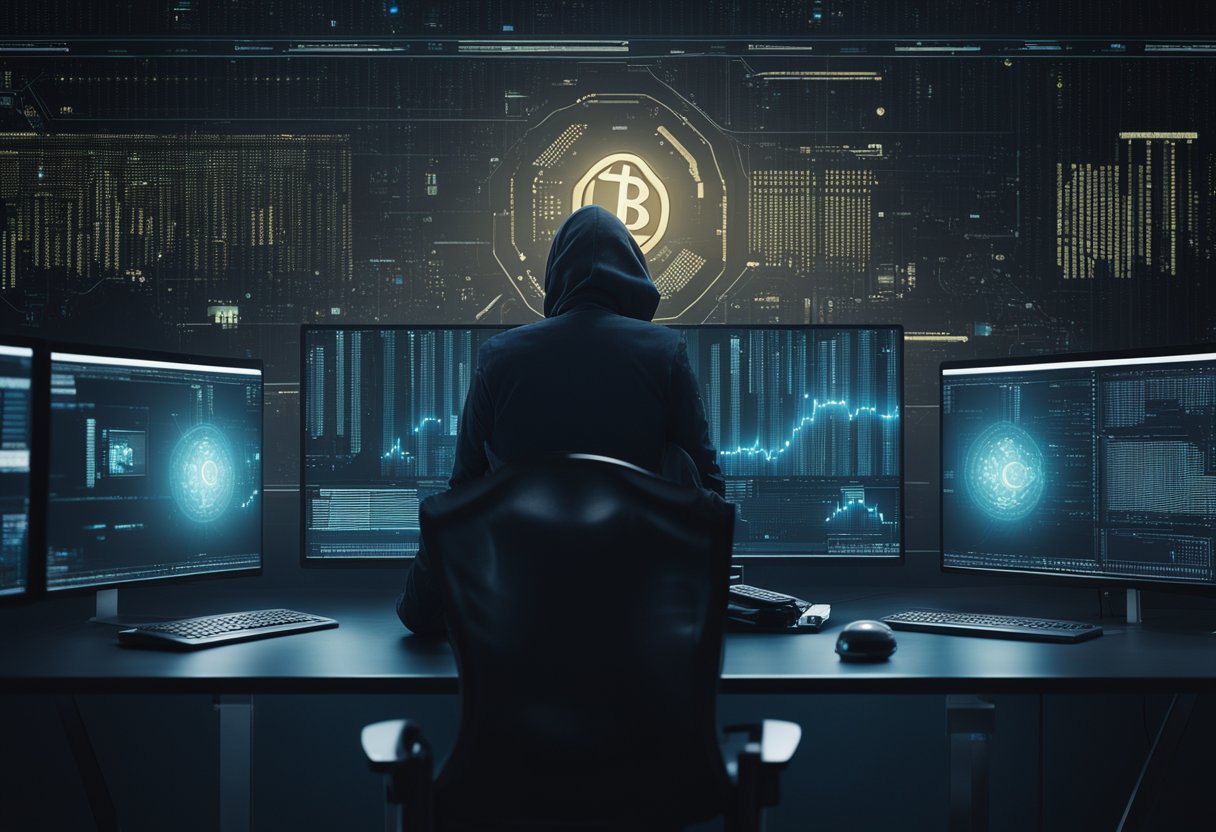 A dark figure hunched over a computer, surrounded by futuristic technology and encrypted data, symbolizing the evolution of crypto-anarchism