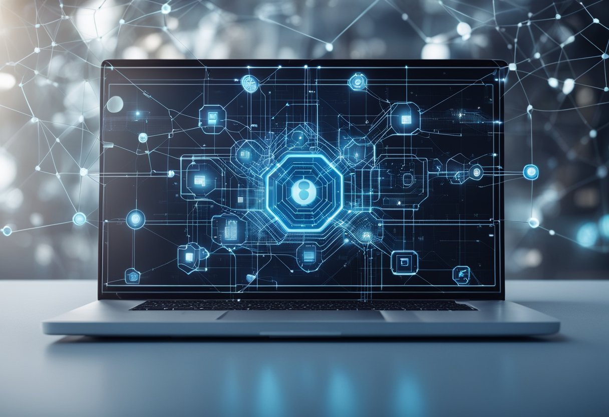 A computer screen displaying interconnected blockchain networks and decentralized applications, symbolizing the concept of Web3