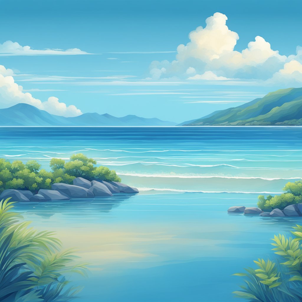 A serene ocean with a clear blue sky above, reflecting the calmness and tranquility associated with the color blue