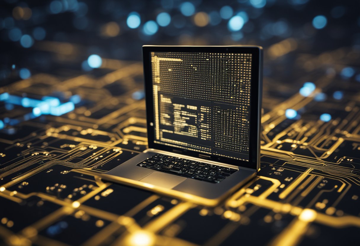 A computer screen displaying lines of code, with a blockchain network in the background, symbolizing the concept of smart contracts