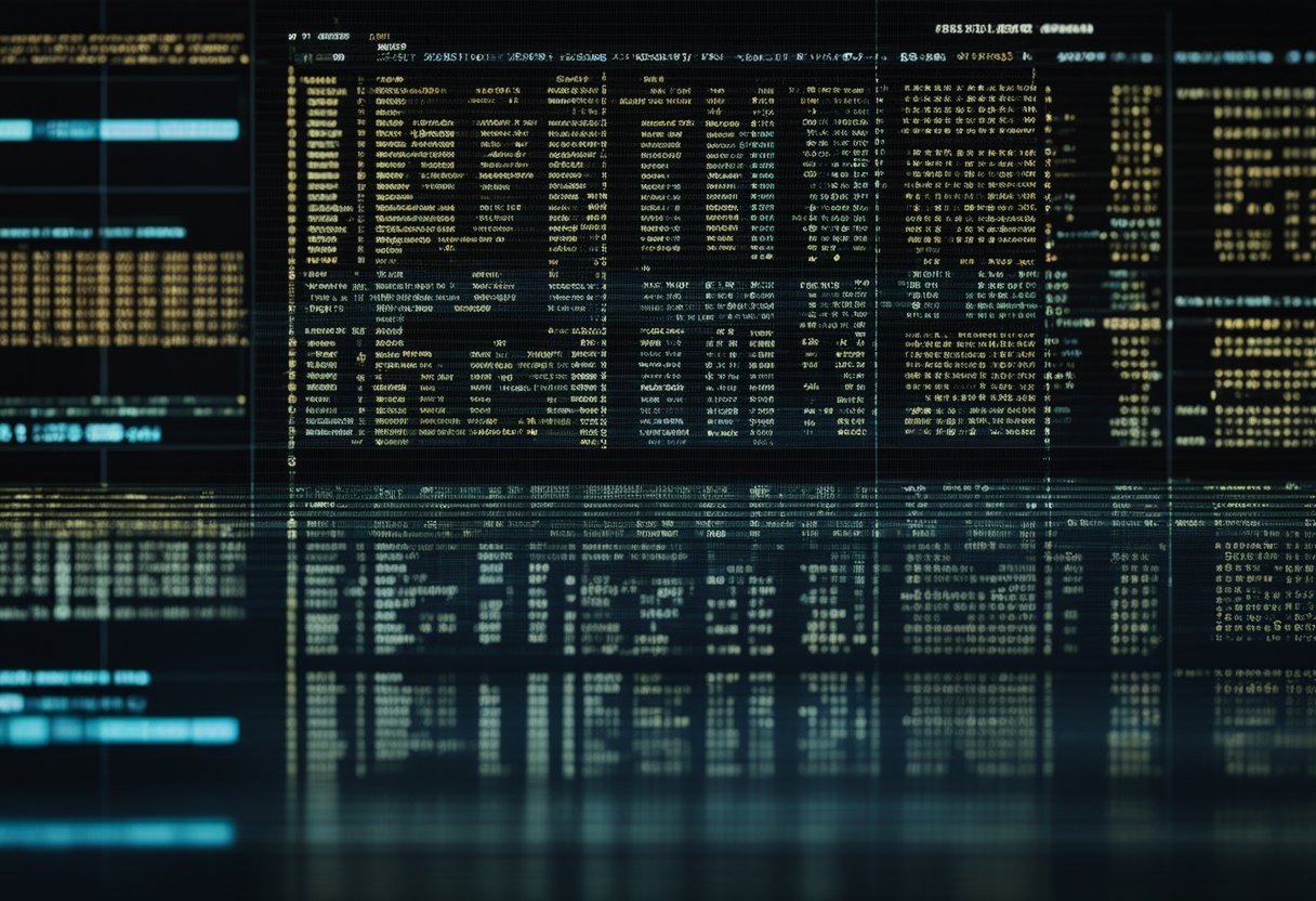 A computer screen displays lines of code for blockchain smart contracts, with a digital wallet and blockchain network in the background