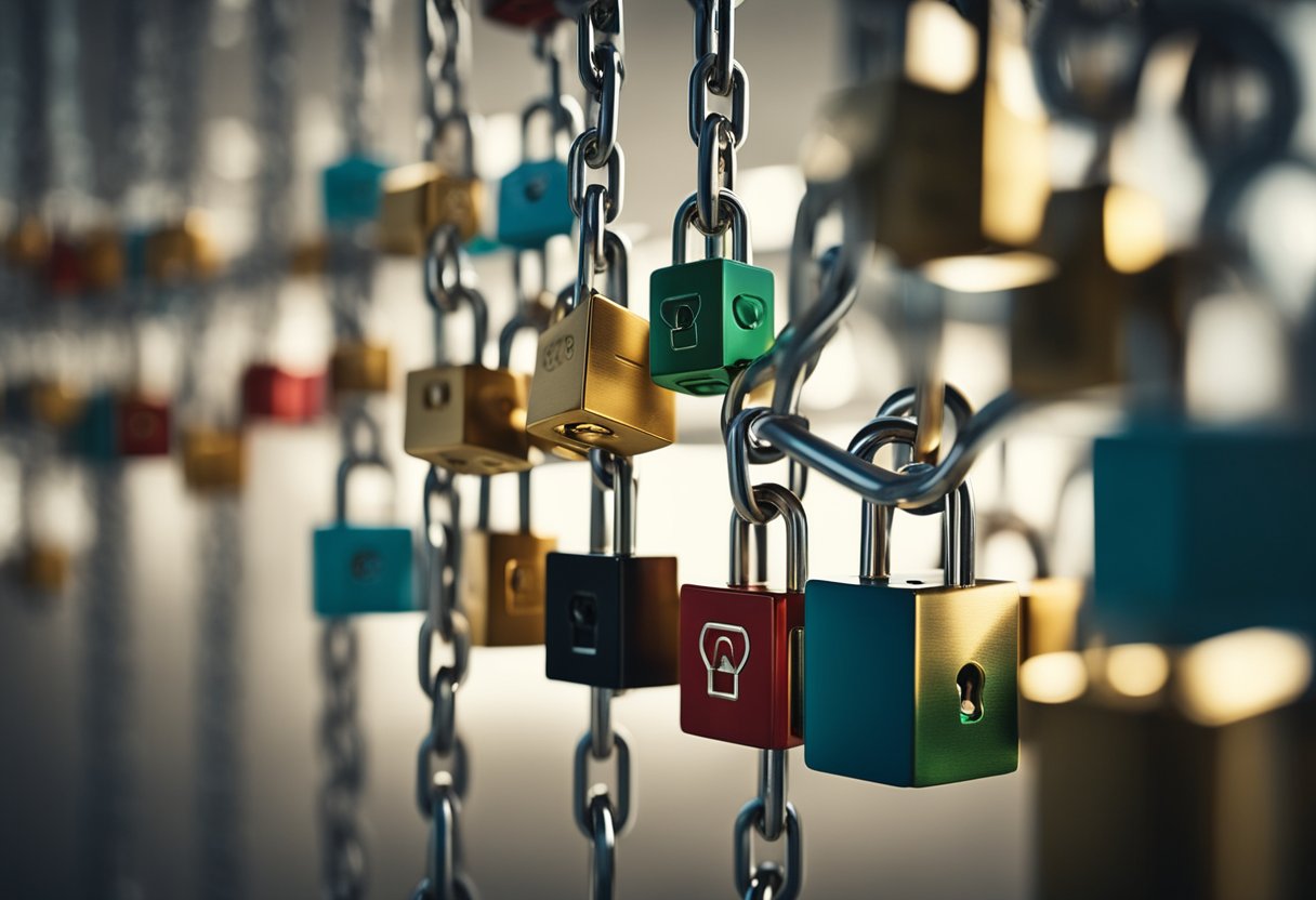 A chain of interconnected blocks with padlocks symbolizing security. Immutable due to decentralized consensus and cryptographic hashing