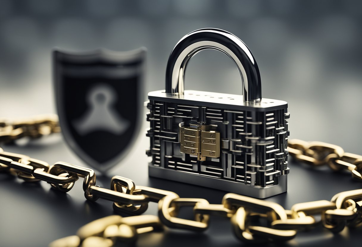 A padlock with a chain wrapped around a block of code, surrounded by a shield and a handshake symbolizing trust