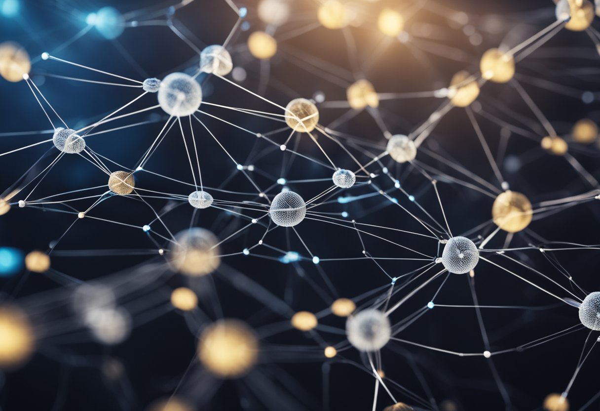 A network of interconnected nodes, each representing a different aspect of governance, with information flowing freely between them in the blockchain space