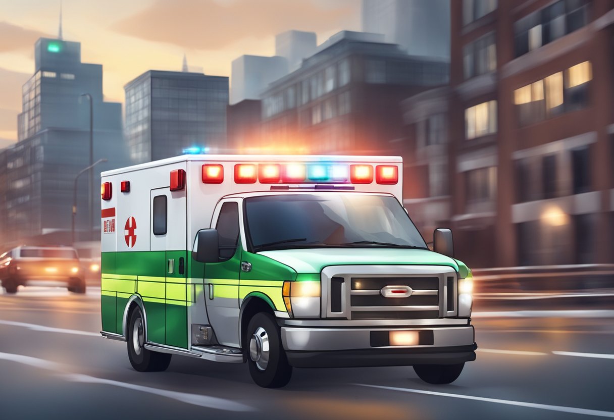 An ambulance with flashing lights and sirens rushing to a scene of an emergency