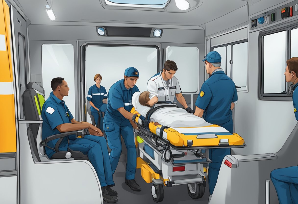 A crew of paramedics training inside an ambulance for emergency response