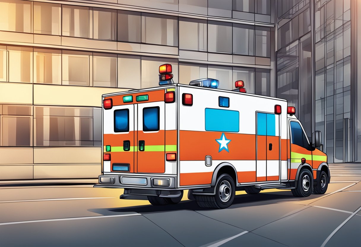 An ambulance with flashing lights and emergency protocols displayed