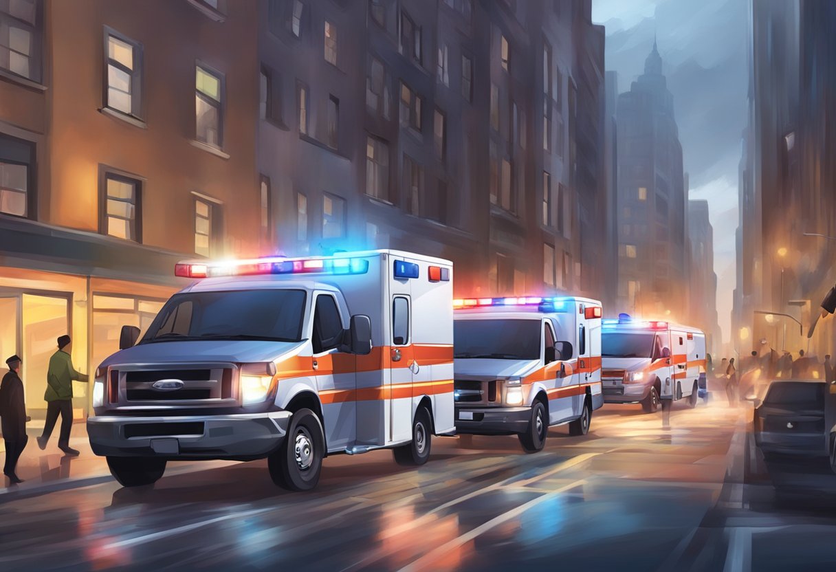 Ambulances and emergency services integration. Lights flashing, paramedics rushing. A sense of urgency and teamwork