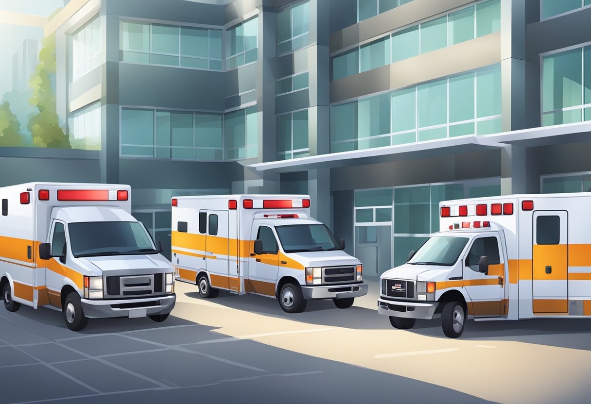 Ambulância Emergência: Equipamentos e Procedimentos Essenciais 1 A variety of ambulances parked outside a hospital, with flashing lights and medical equipment visible through the windows