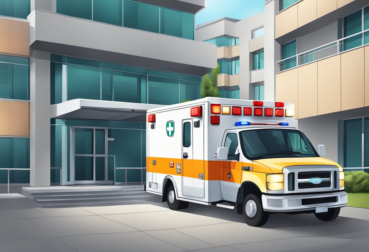 Ambulância Emergência: Equipamentos e Procedimentos Essenciais 2 An ambulance with emergency lights and medical equipment parked outside a hospital