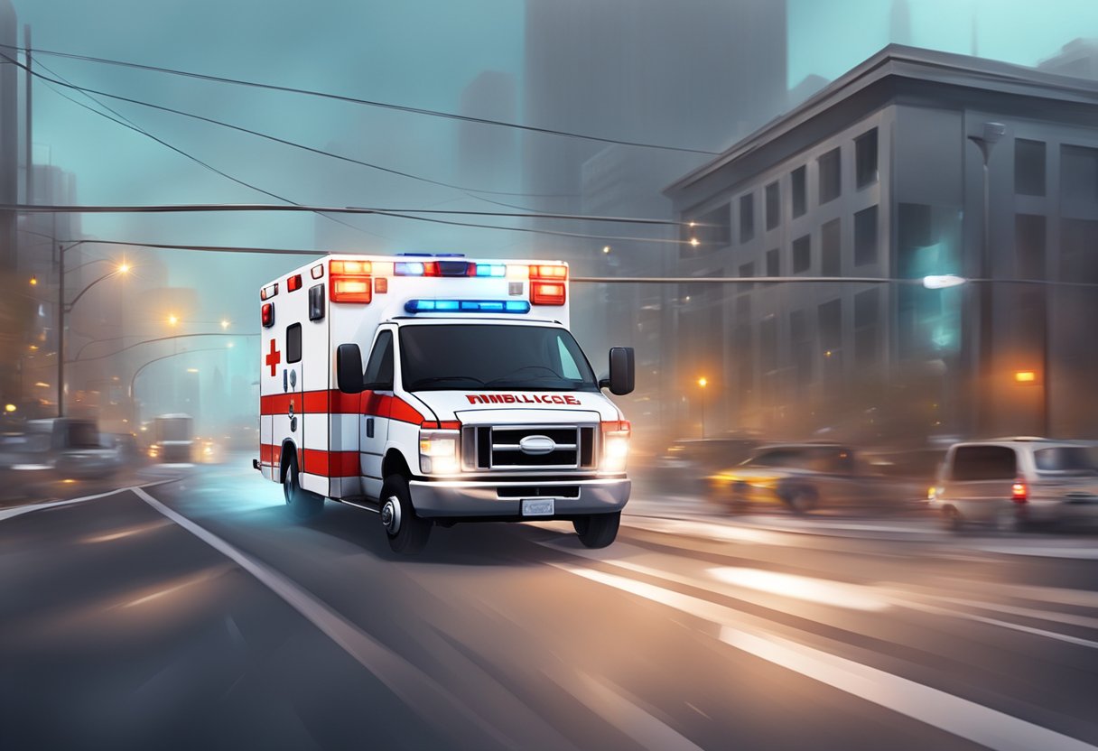 Ambulância Emergência: Equipamentos e Procedimentos Essenciais 4 An ambulance rushing to an emergency scene with flashing lights and sirens, surrounded by a sense of urgency and tension