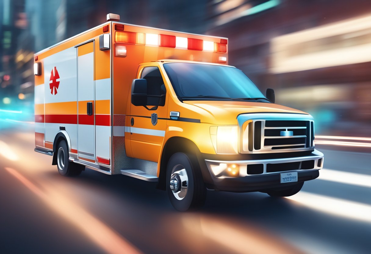 An ambulance speeding through city streets with flashing lights and blaring sirens, rushing to a medical emergency